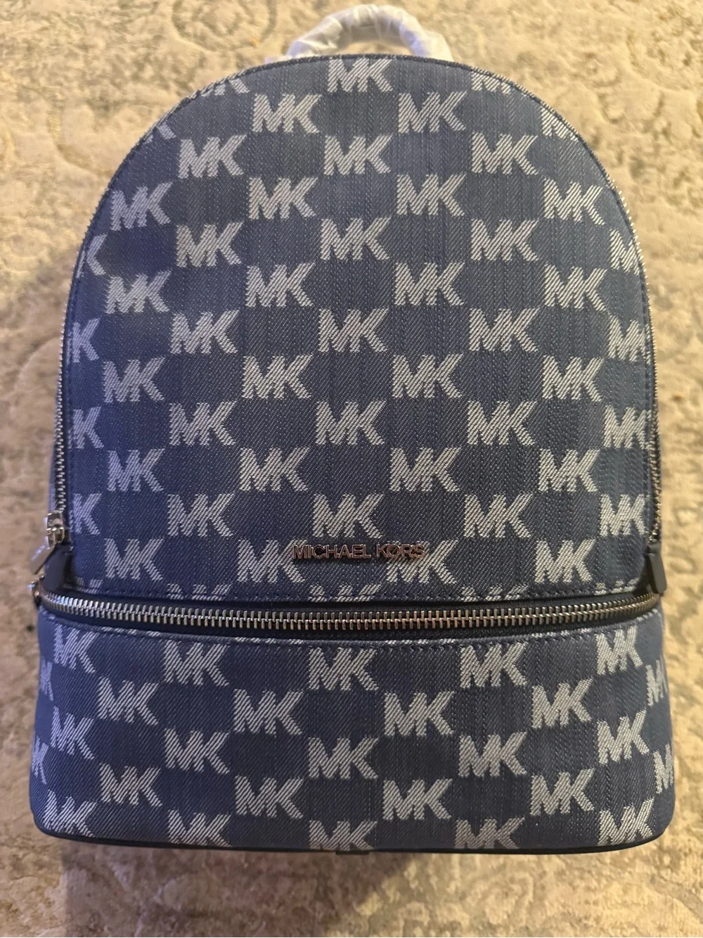 Michael Kors Rhea Medium Logo Jacquard Denim - Blue MK Monogram Mini Backpack